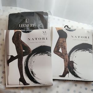 Natori Black Feather Lace Sheer Tights